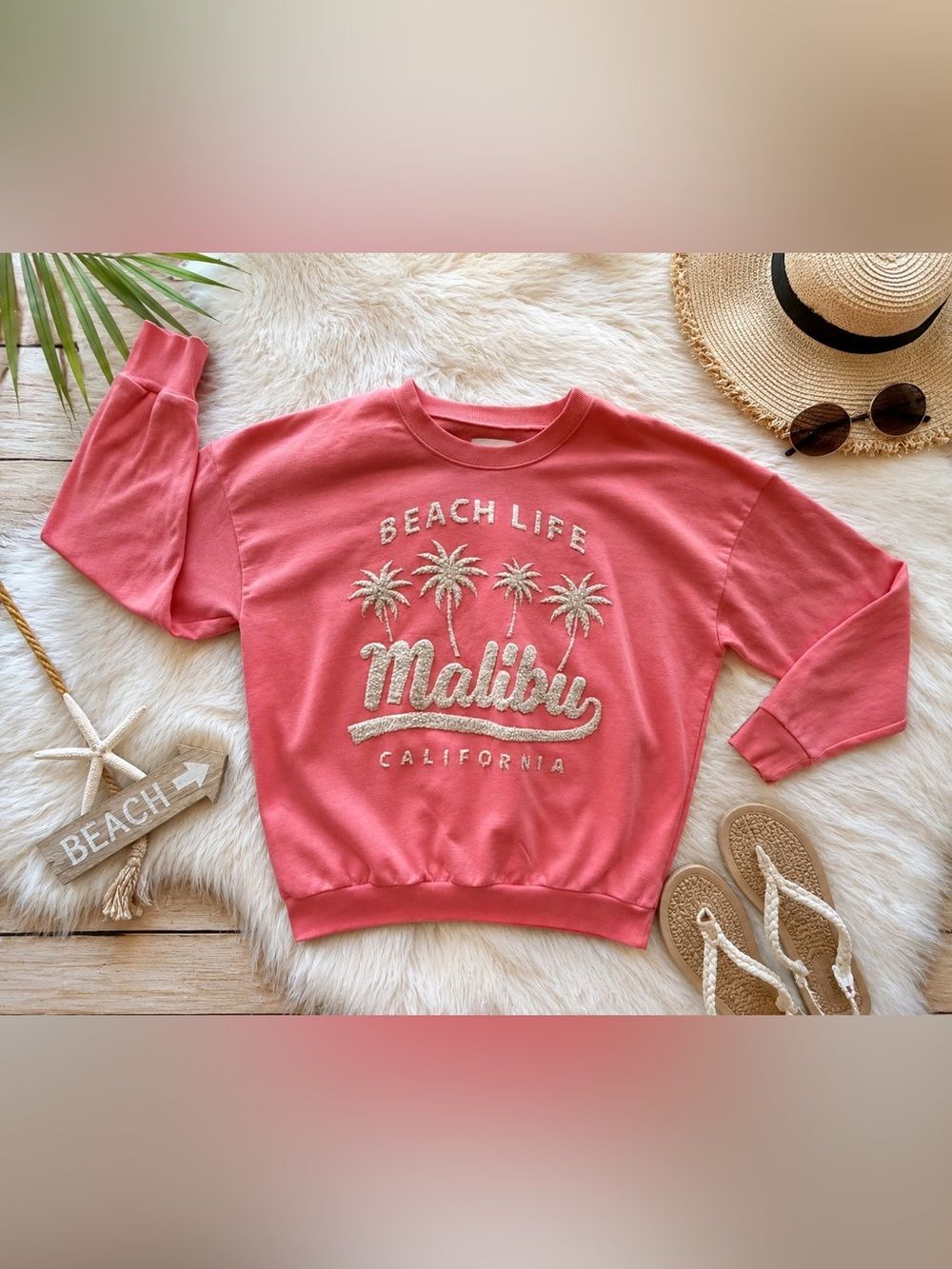 No Boundaries Malibu California Pink Beach Life Graphic Sweatshirt L 12-14